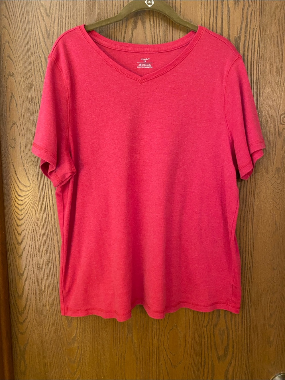 CJ Banks- Women's Short Sleeve V-Neck Tee, Heathered Red, Sz 1X